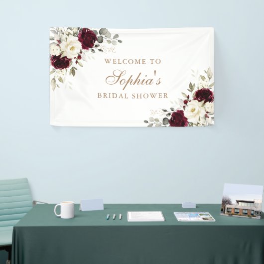 花のバーガンディーと白とグリーンとゴールドのウェディングシャワー 横断幕 (トレードショー)