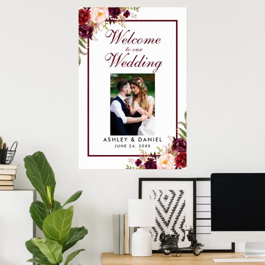花のバーガンディー結婚式ウェルカムフォト ポスター (ホームオフィス)