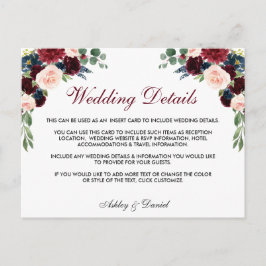 花のバーズガンディーブルー結婚式詳細挿入カード ポストカード