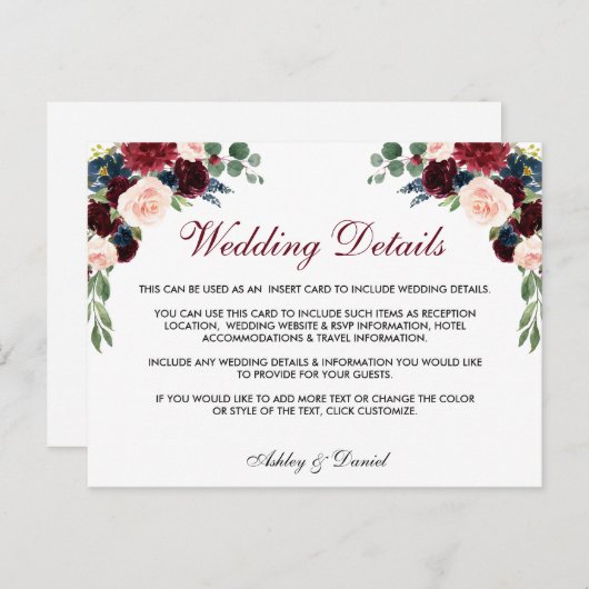 花のバーズガンディーブルー結婚式詳細挿入カード ポストカード (正面/裏面)