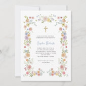 花のパステルフレームとゴールドクロス 初聖体拝領 招待状 (正面)