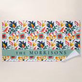 花のパターカスタムンパーソナライズされたの姓 ビーチタオル (正面)