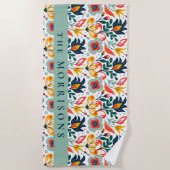 花のパターカスタムンパーソナライズされたの姓 ビーチタオル (正面)