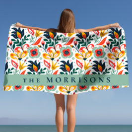 花のパターカスタムンパーソナライズされたの姓 ビーチタオル