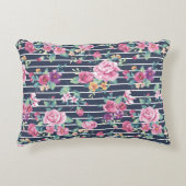 花のパターンストライプバラの葉ピンク紫 アクセントクッション (正面)