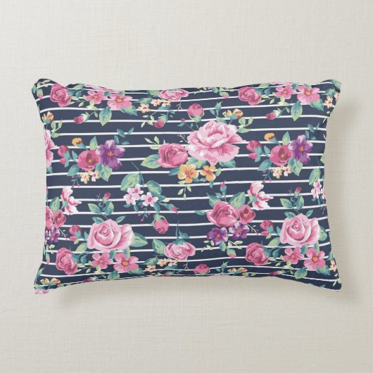 花のパターンストライプバラの葉ピンク紫 アクセントクッション (正面)