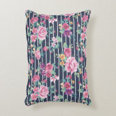 花のパターンストライプバラの葉ピンク紫 アクセントクッション (正面(垂直))