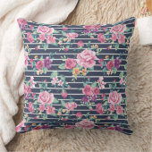 花のパターンストライプバラの葉ピンク紫 クッション (ブランケット)