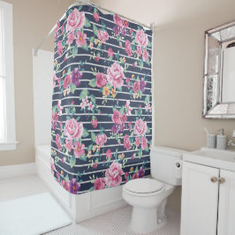 花のパターンストライプバラの葉ピンク紫 シャワーカーテン