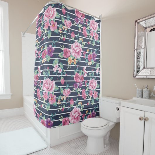 花のパターンストライプバラの葉ピンク紫 シャワーカーテン (インサイチュ)