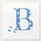花のパターン文字B（青） ガラスコースター (正面)
