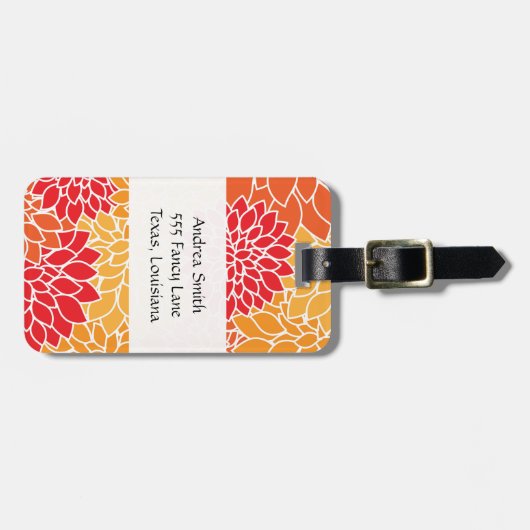 花のパターン，オレンジ色のダリア，あなたの名前 ラゲッジタグ (正面横)