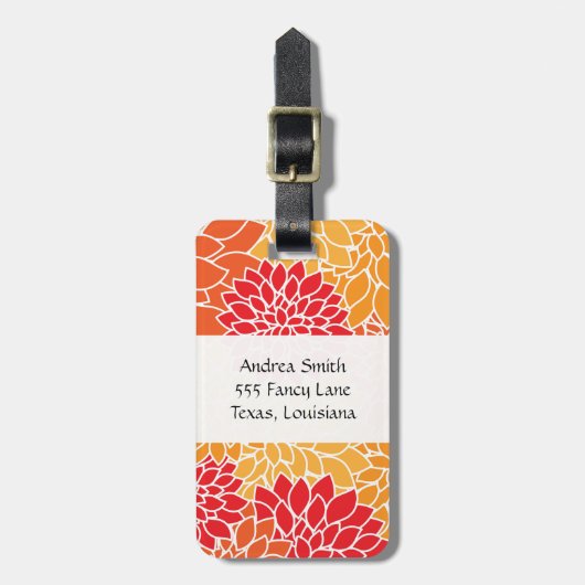 花のパターン，オレンジ色のダリア，あなたの名前 ラゲッジタグ (正面縦)