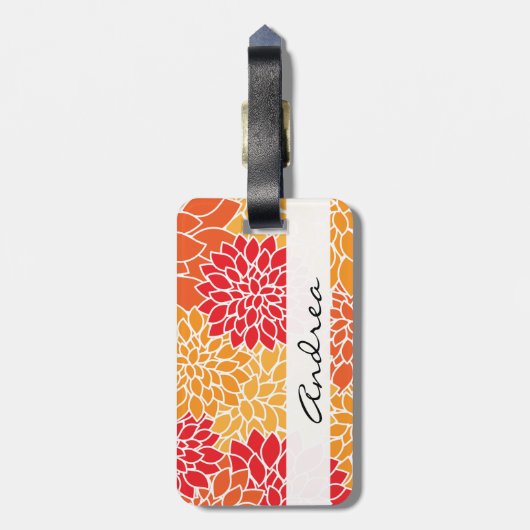 花のパターン，オレンジ色のダリア，あなたの名前 ラゲッジタグ (裏面縦)