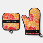 花のパターン,オレンジ色のダリア,あなたの名前 鍋つかみ&鍋敷きセット (正面)