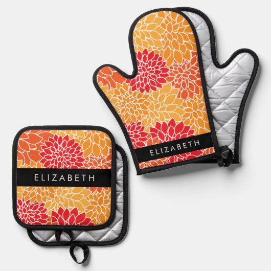 花のパターン，オレンジ色のダリア，あなたの名前 鍋つかみ&鍋敷きセット (正面/裏面)