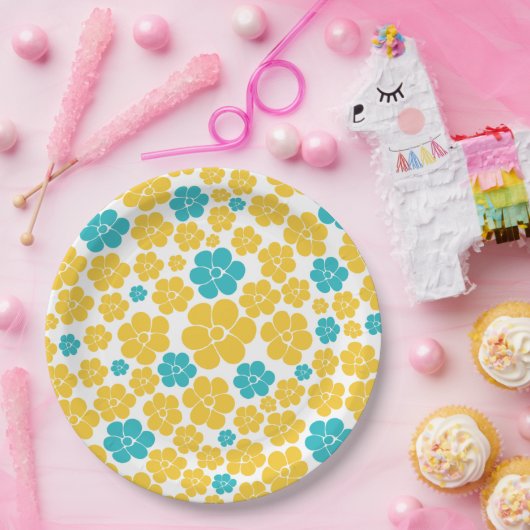 花のパターン – ターコイズと黄色 ペーパープレート (パーティー)