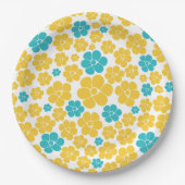 花のパターン – ターコイズと黄色 ペーパープレート (正面)