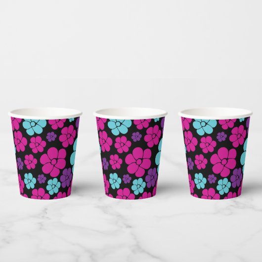 花のパターン – ピンク、紫、青、黒 紙コップ (複数)