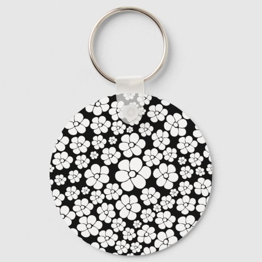 花のパターン – 白（黒） キーホルダー (正面)