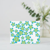 花のパターン，青い花，緑の花 ポストカード (スタンド正面)
