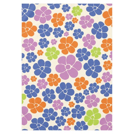 花のパターン – 青、オレンジ、紫、緑 テーブルクロス (正面)
