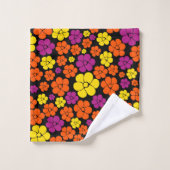 花のパターン – 黒、ピンク、オレンジ、黄色 バスタオルセット (ウォッシュタオル)