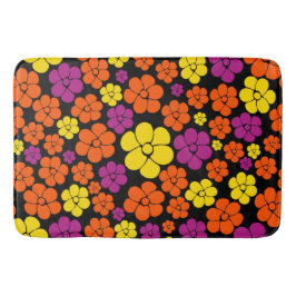 花のパターン – 黒、ピンク、オレンジ、黄色 バスマット