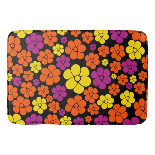 花のパターン – 黒、ピンク、オレンジ、黄色 バスマット (正面)