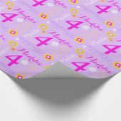 花のパーソナライズされた紫のピンクの4歳の誕生日 ラッピングペーパー (角)