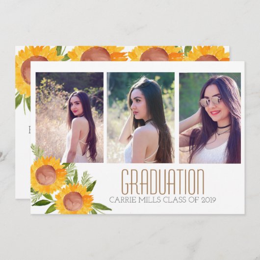 花のヒマワリの写真の卒業の招待 招待状 (正面/裏面)