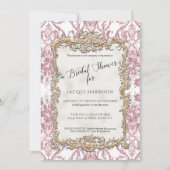 花のピンクとゴールドのアンティークロココ様式のブライズシャワー 招待状 (正面)