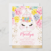 花のピンクのイースターのウサギの誕生会 招待状 (正面)