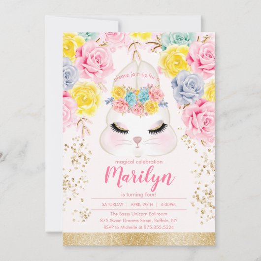 花のピンクのイースターのウサギの誕生会 招待状 (正面)