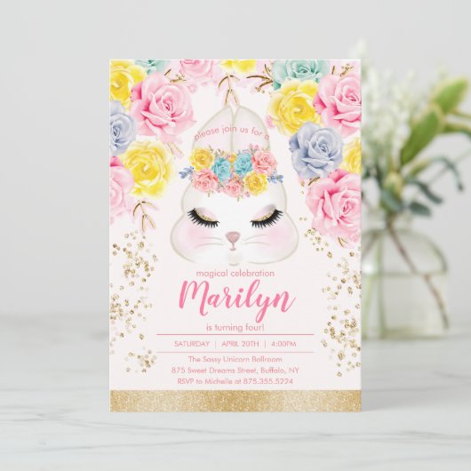 花のピンクのイースターのウサギの誕生会 招待状 (スタンド正面)