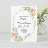 花のピンクのエレガントな洗礼の宗教イベント 招待状 (スタンド正面)