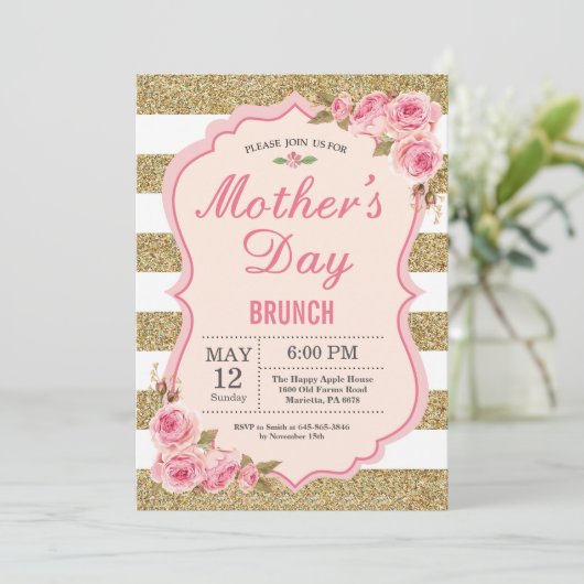 花のピンクのシャクヤクの母の日のブランチの招待状 招待状 (スタンド正面)