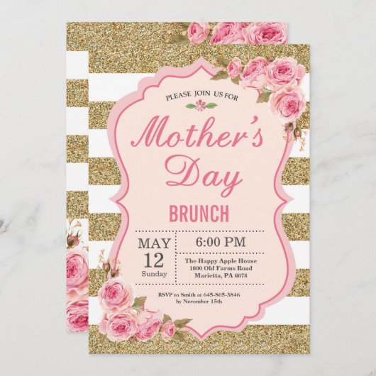 花のピンクのシャクヤクの母の日のブランチの招待状 招待状 (正面/裏面)