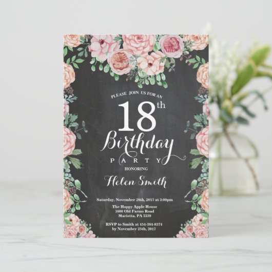 花のピンクのシャクヤクの第18誕生日の黒板 招待状 (スタンド正面)
