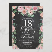 花のピンクのシャクヤクの第18誕生日の黒板 招待状 (正面/裏面)