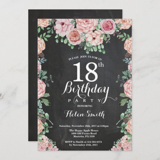 花のピンクのシャクヤクの第18誕生日の黒板 招待状 (正面/裏面)