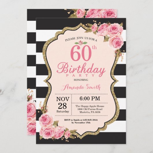 花のピンクのシャクヤクの第60誕生日のパーティの招待状 招待状 (正面/裏面)