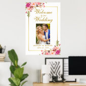 花のピンクのチーク ゴールドの結婚式 ウェルカム フォト ポスター (ホームオフィス)