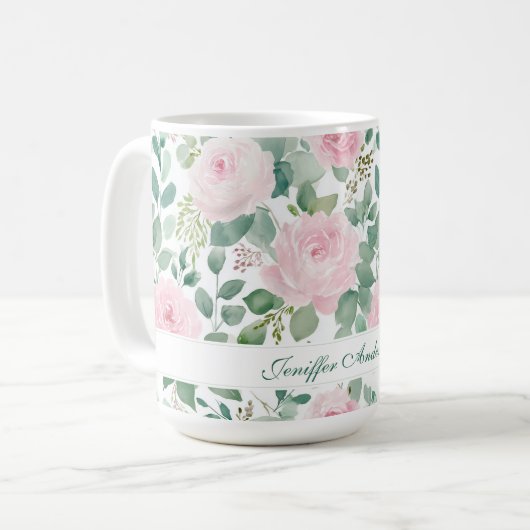 花のピンクのバラとカスタムネーム コーヒーマグカップ (正面左)