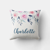 花のピンクのバラの水彩画のパーソナライズな名前 クッション (裏面)