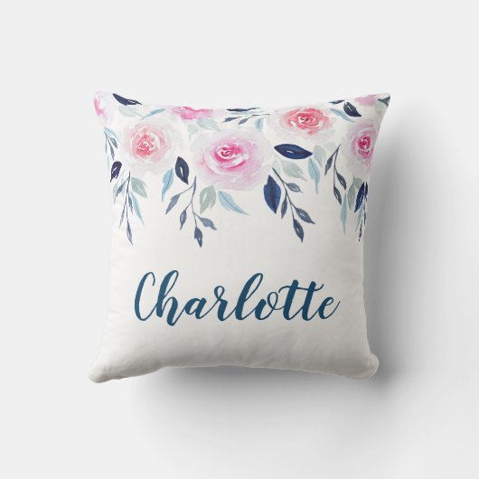 花のピンクのバラの水彩画のパーソナライズな名前 クッション (裏面)