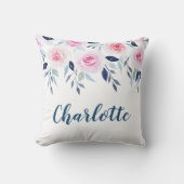 花のピンクのバラの水彩画のパーソナライズな名前 クッション (正面)