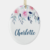 花のピンクのバラの水彩画のパーソナライズな名前 セラミックオーナメント (右)