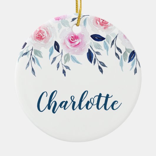 花のピンクのバラの水彩画のパーソナライズな名前 セラミックオーナメント (正面)