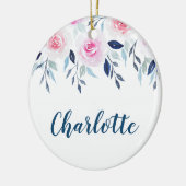 花のピンクのバラの水彩画のパーソナライズな名前 セラミックオーナメント (左)